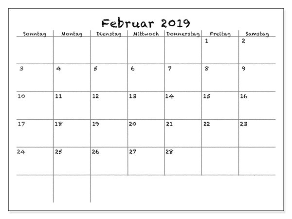 Februar Kalender 2019 Zum Ausdrucken