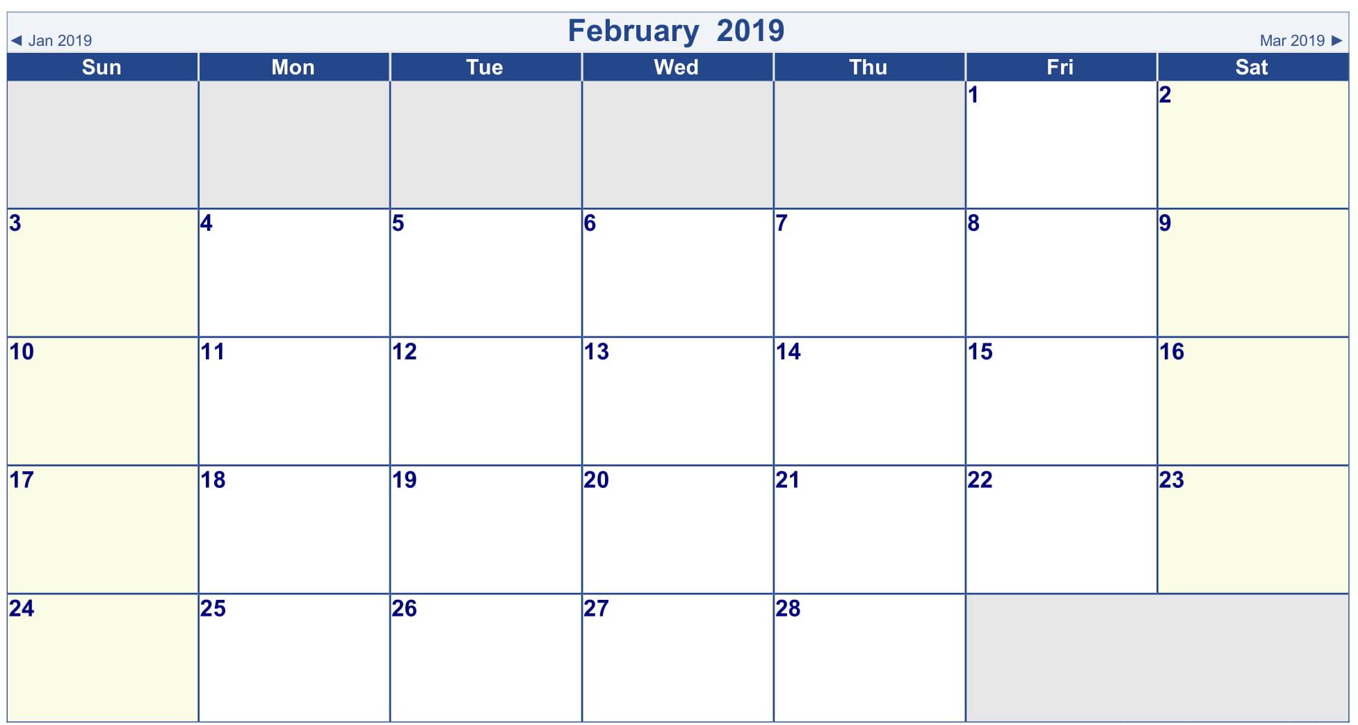 February 2019 Calendar Template Excel