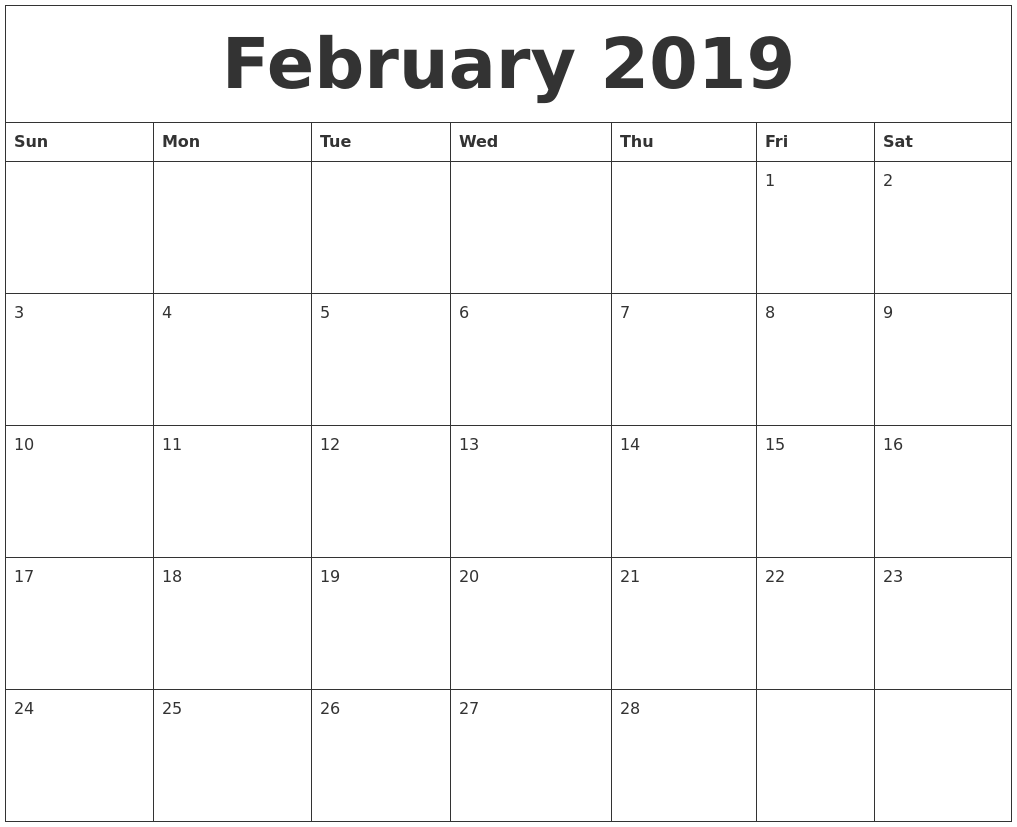 February 2019 Calendar Template Word