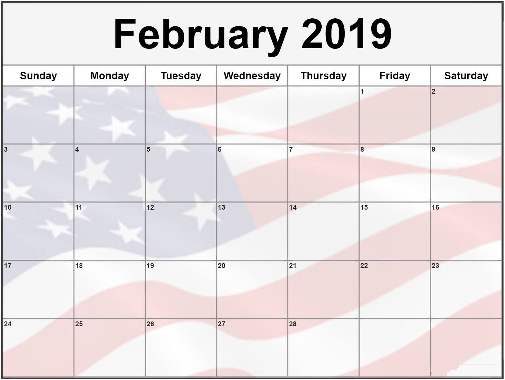 February 2019 Calendar USA Flag