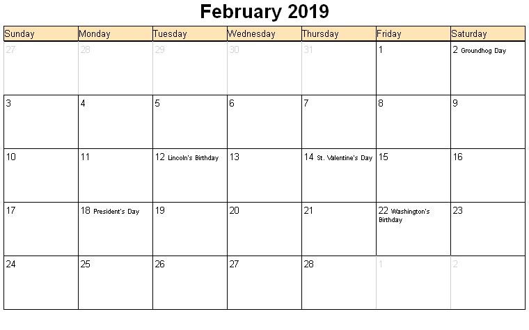 February 2019 Calendar USA With Federal Holidays