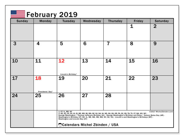 February 2019 Calendar USA