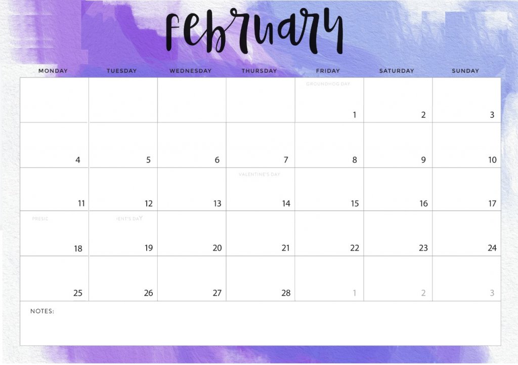 February 2019 Calendar PDF Template Editable