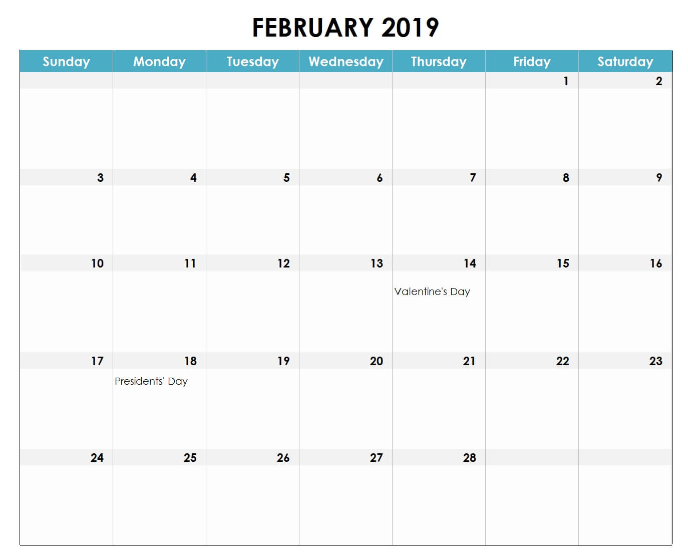 February 2019 Excel Calendar