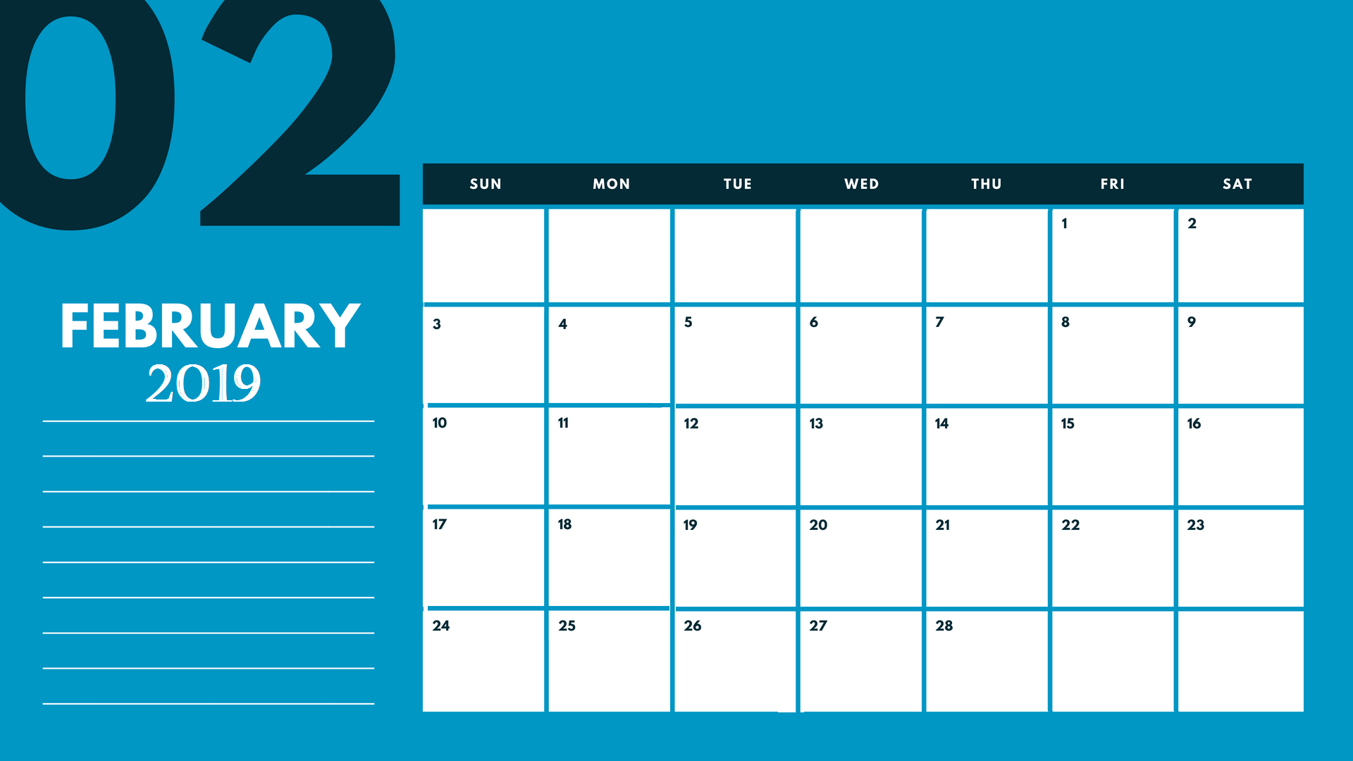 February 2019 Monthly Calendar Template