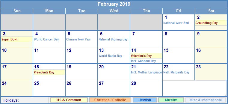 February 2019 USA Calendar