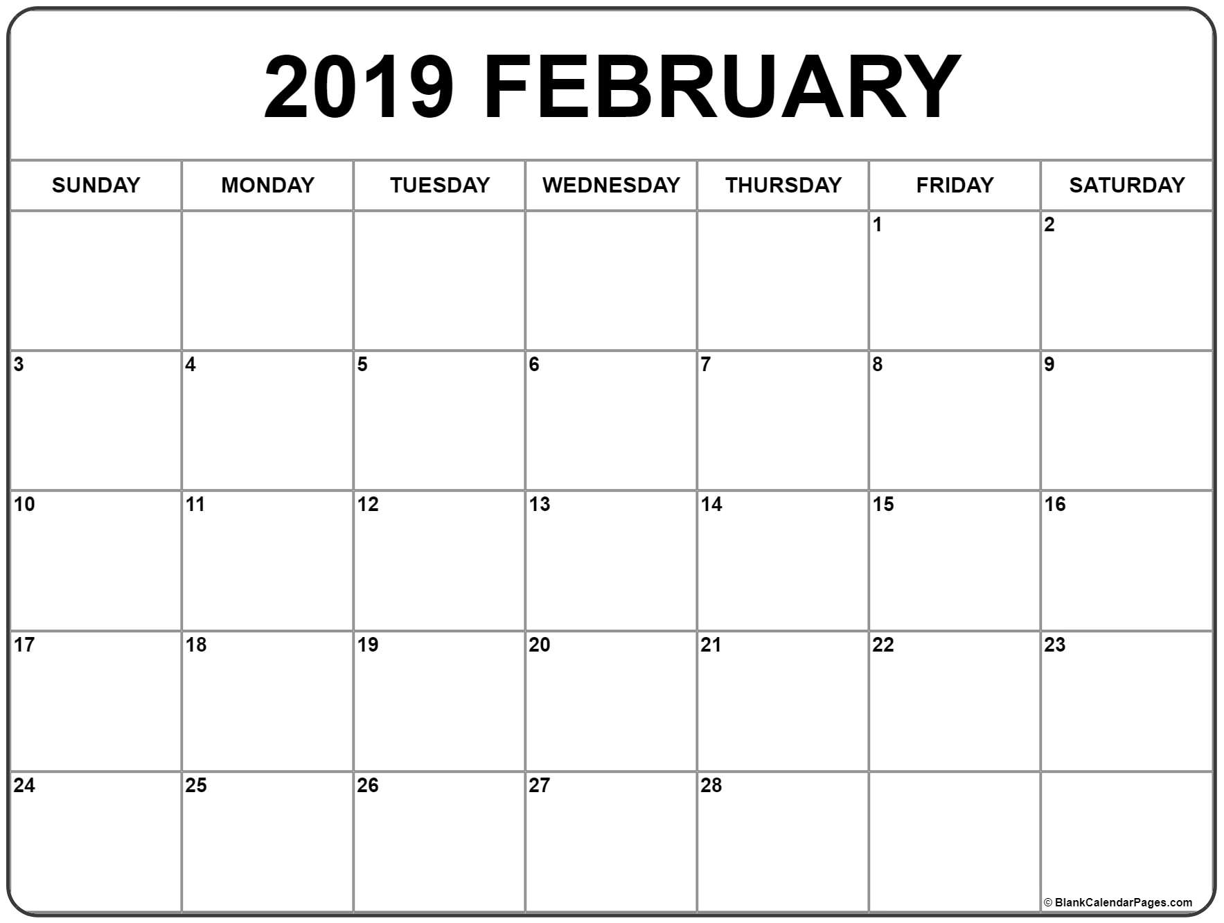 February Blank Calendar 2019 Printable