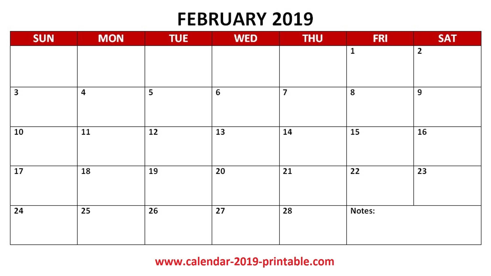 February Calendar 2019 Printable Landscape