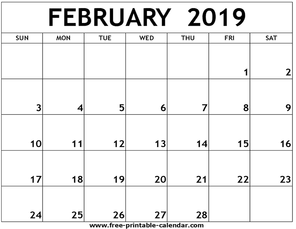 February Calendar 2019 Printable Template