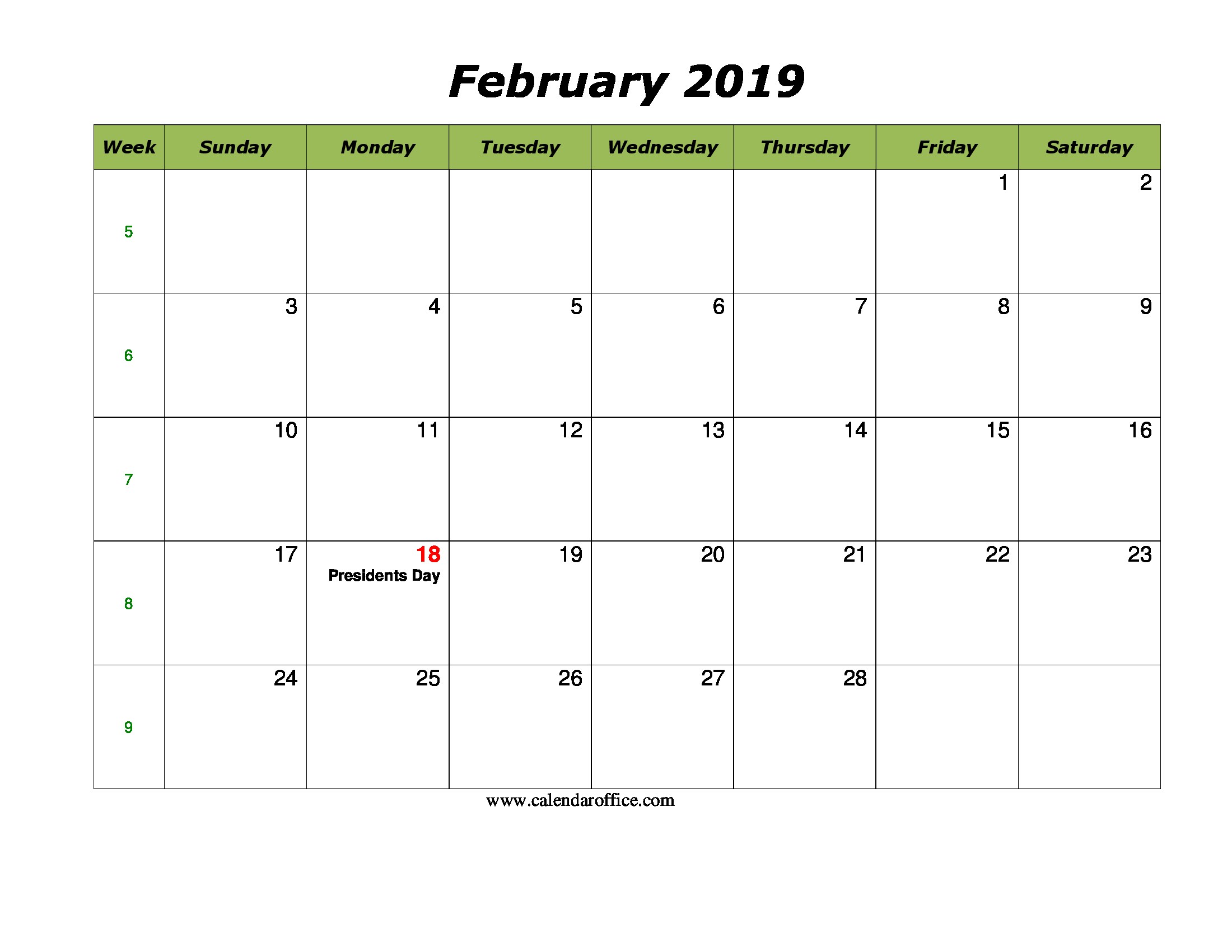 February Calendar 2019 Printable With Holidays