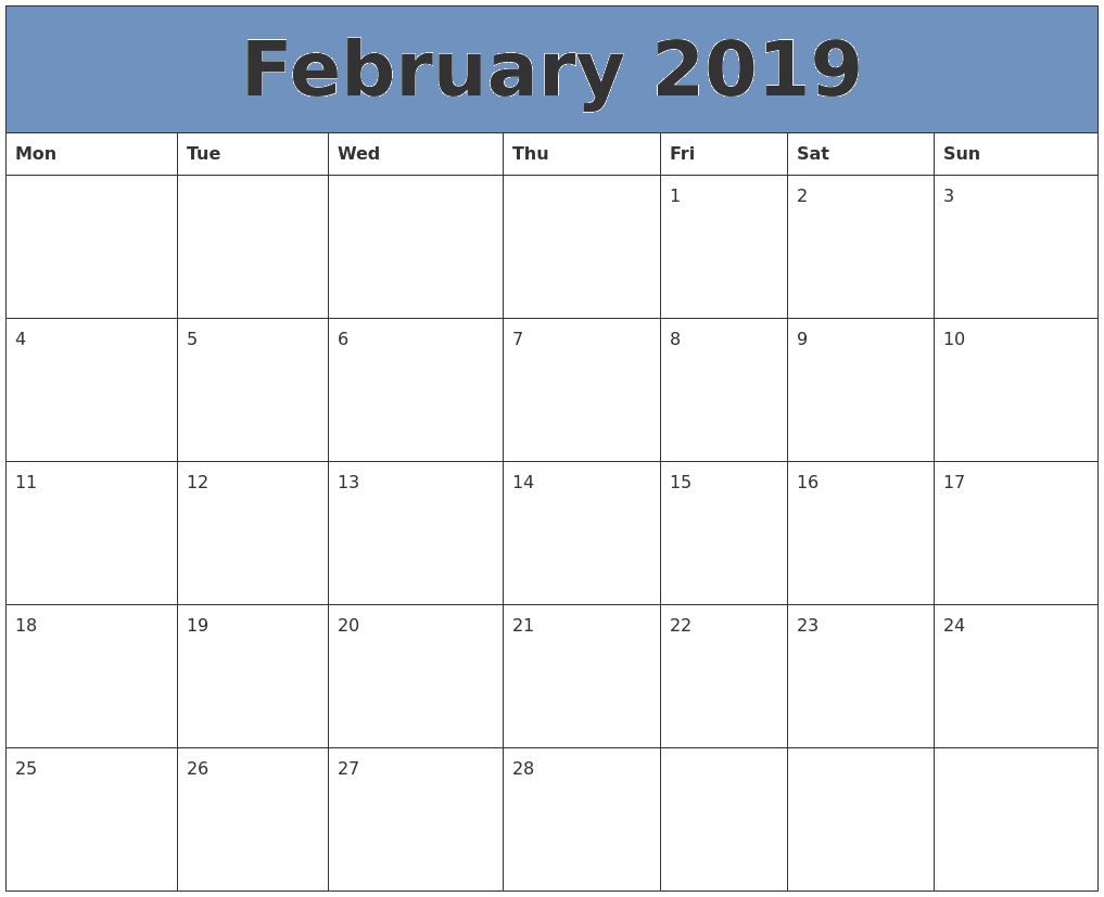 February Calendar 2019 Template Excel