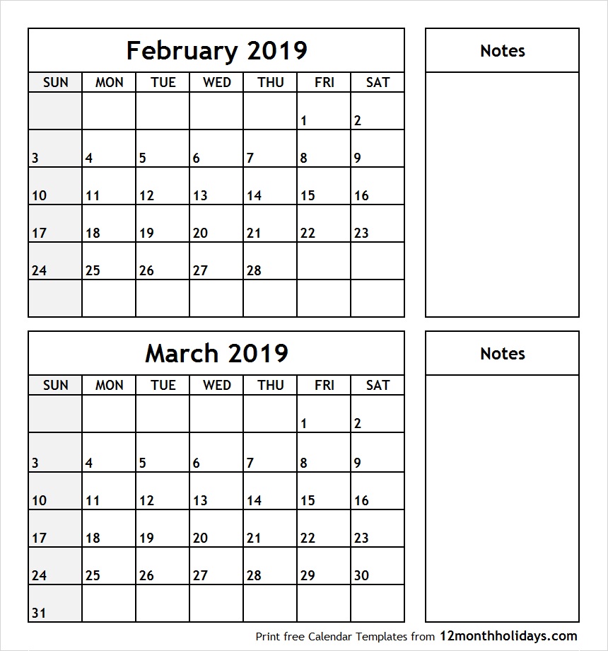 February March 2019 Calendar Printable