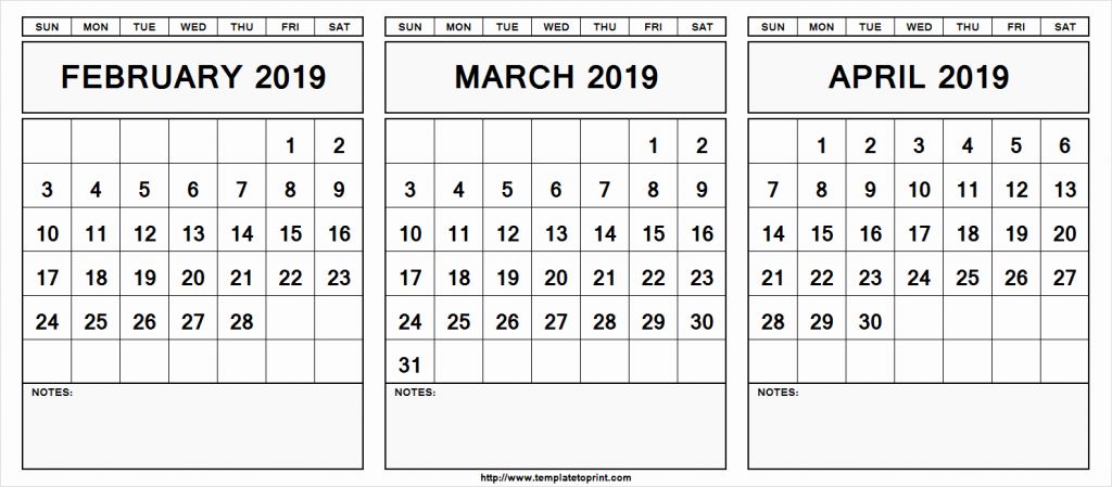 February March April 2019 Calendar