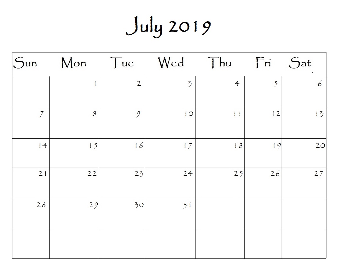 July 2019 Calendar Word
