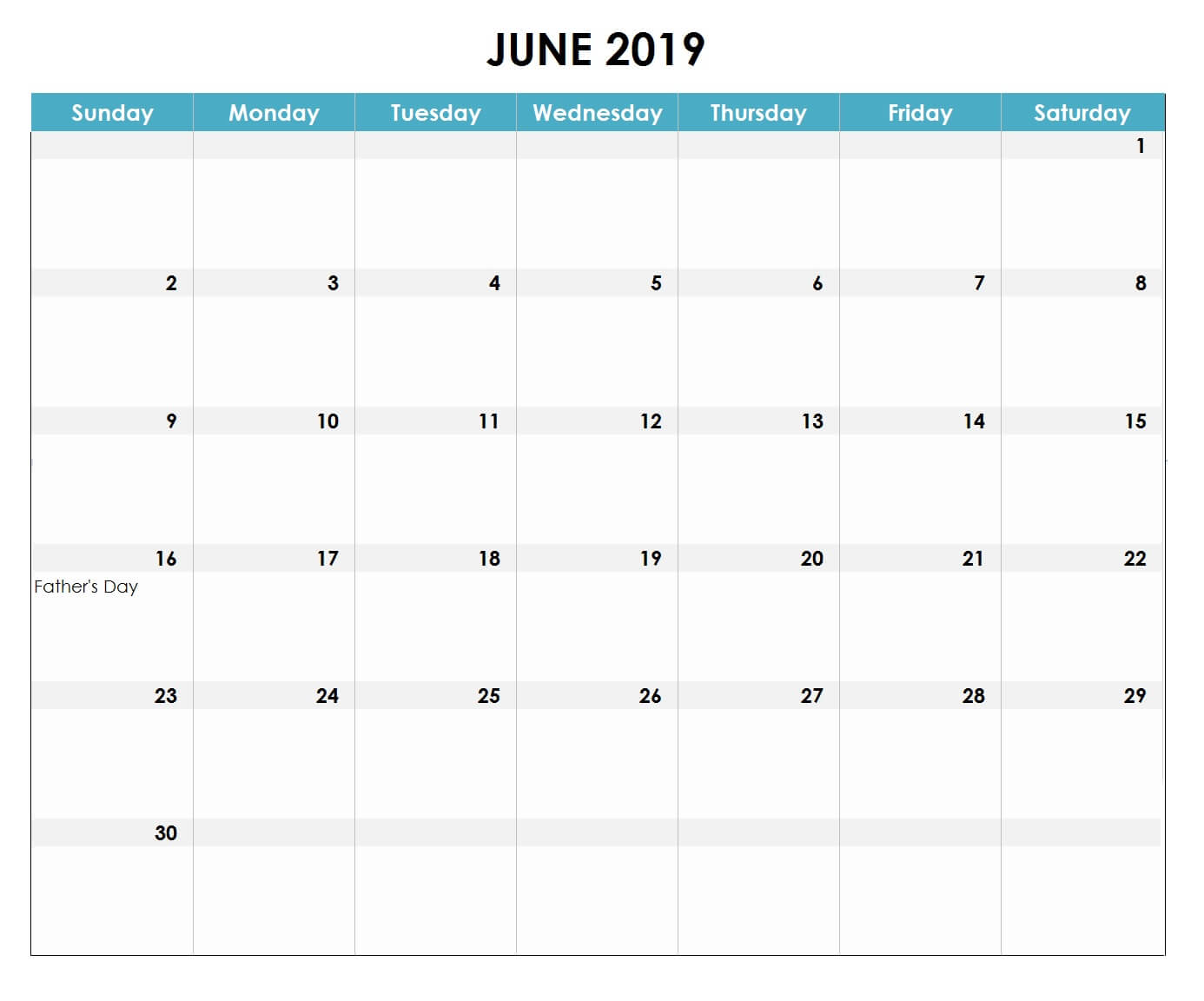 June 2019 Excel Calendar