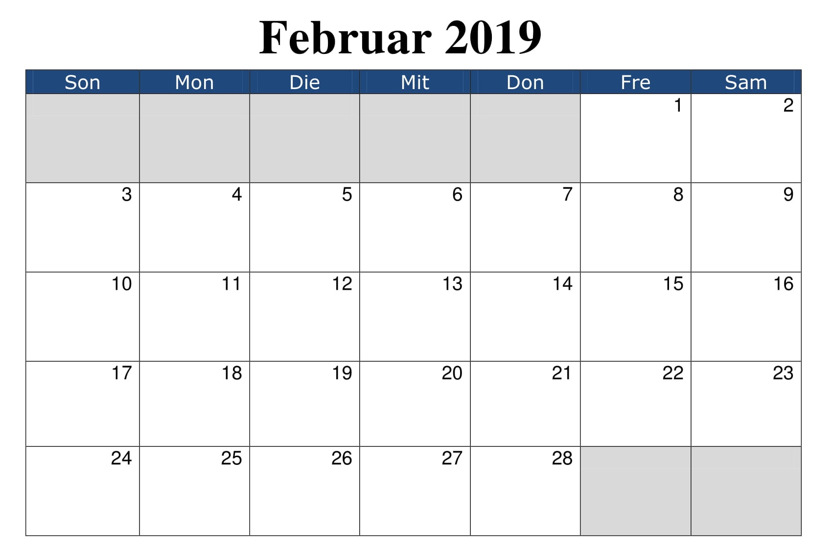 Kalender Februar Anpassen 2019