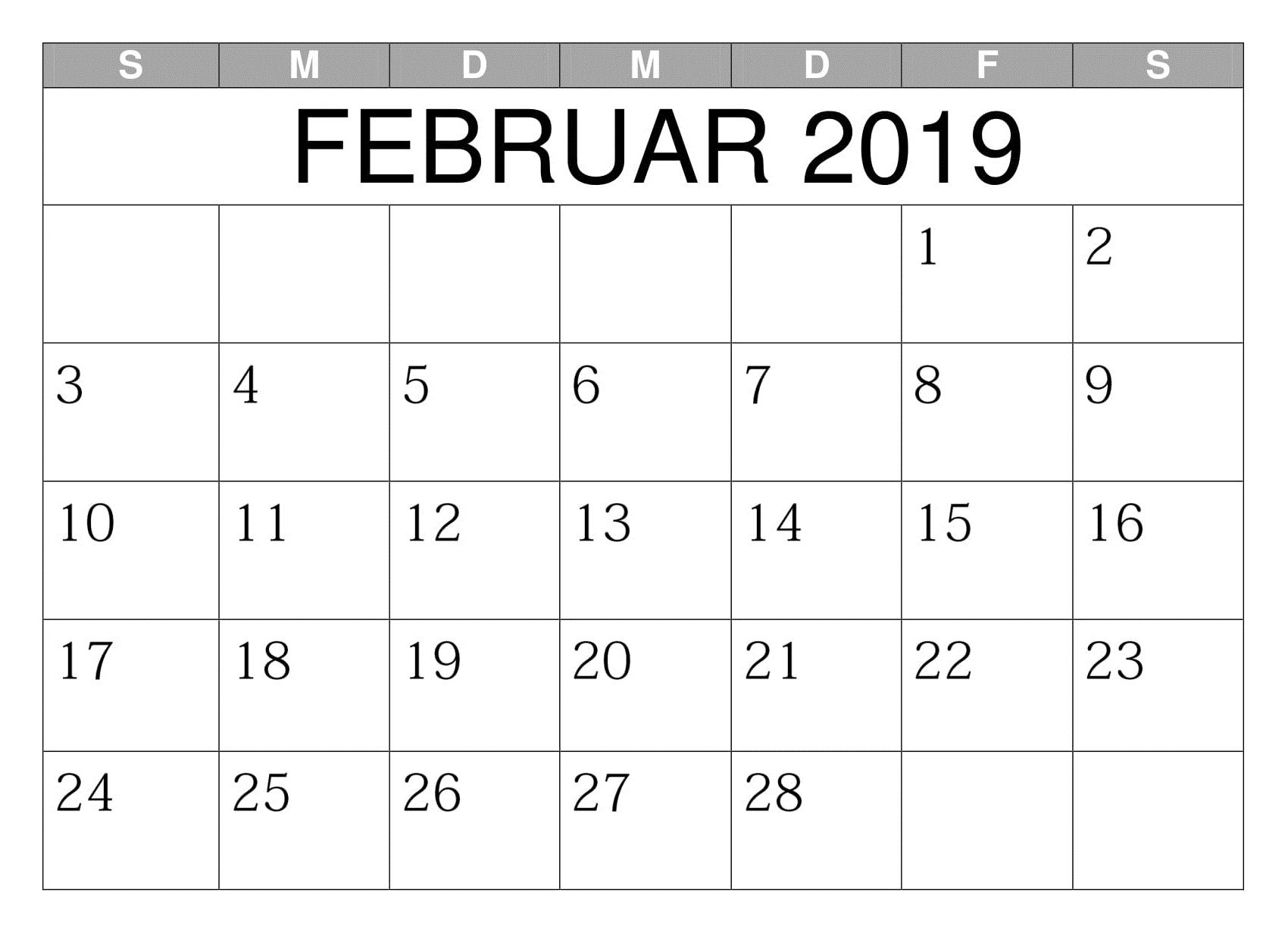Kalender Februar Word 2019