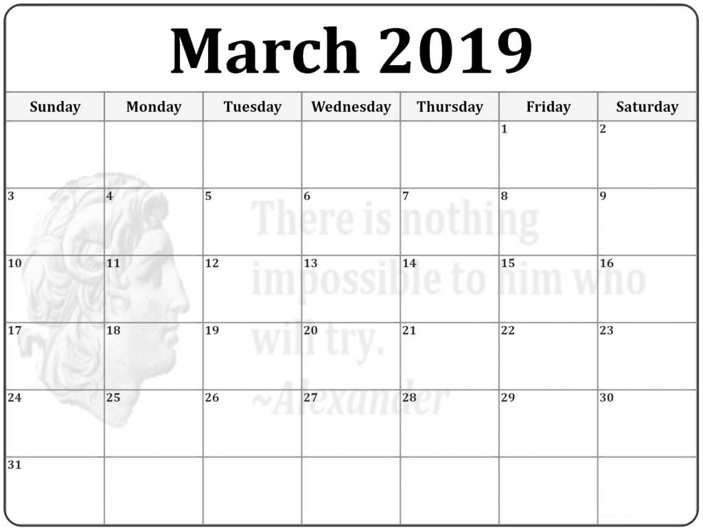 Editable Blank 2019 March Calendar Printable Template