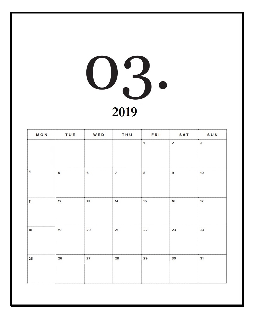 March 2019 Calendar Office Wall