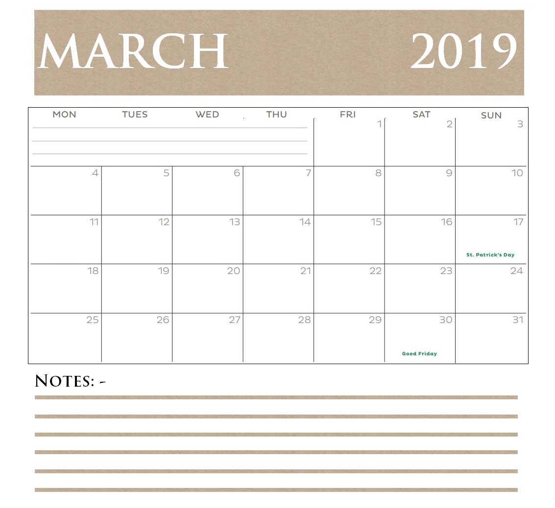 March 2019 Desk Calendar Template