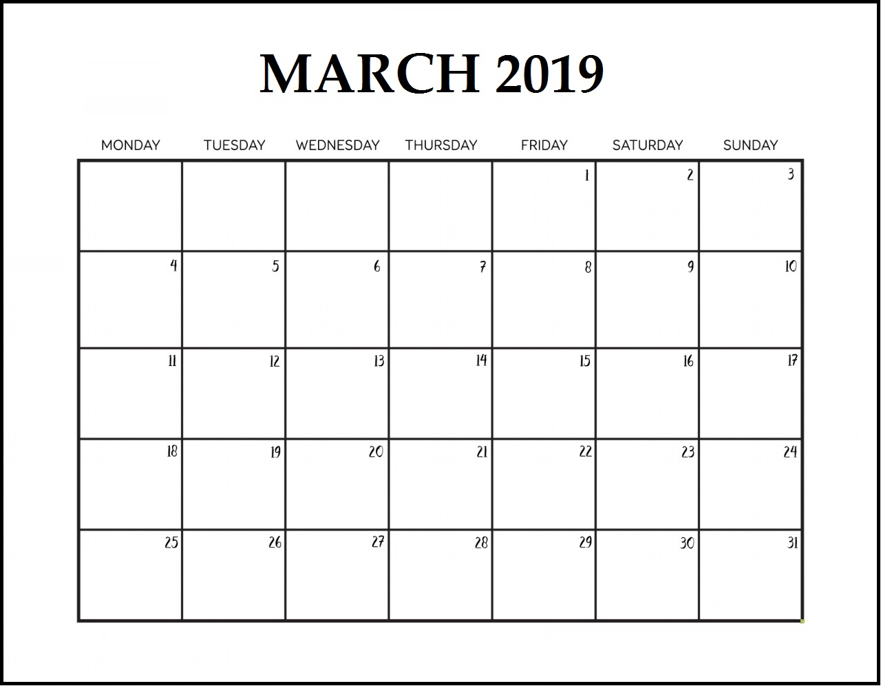 March 2019 Editable Calendar Template
