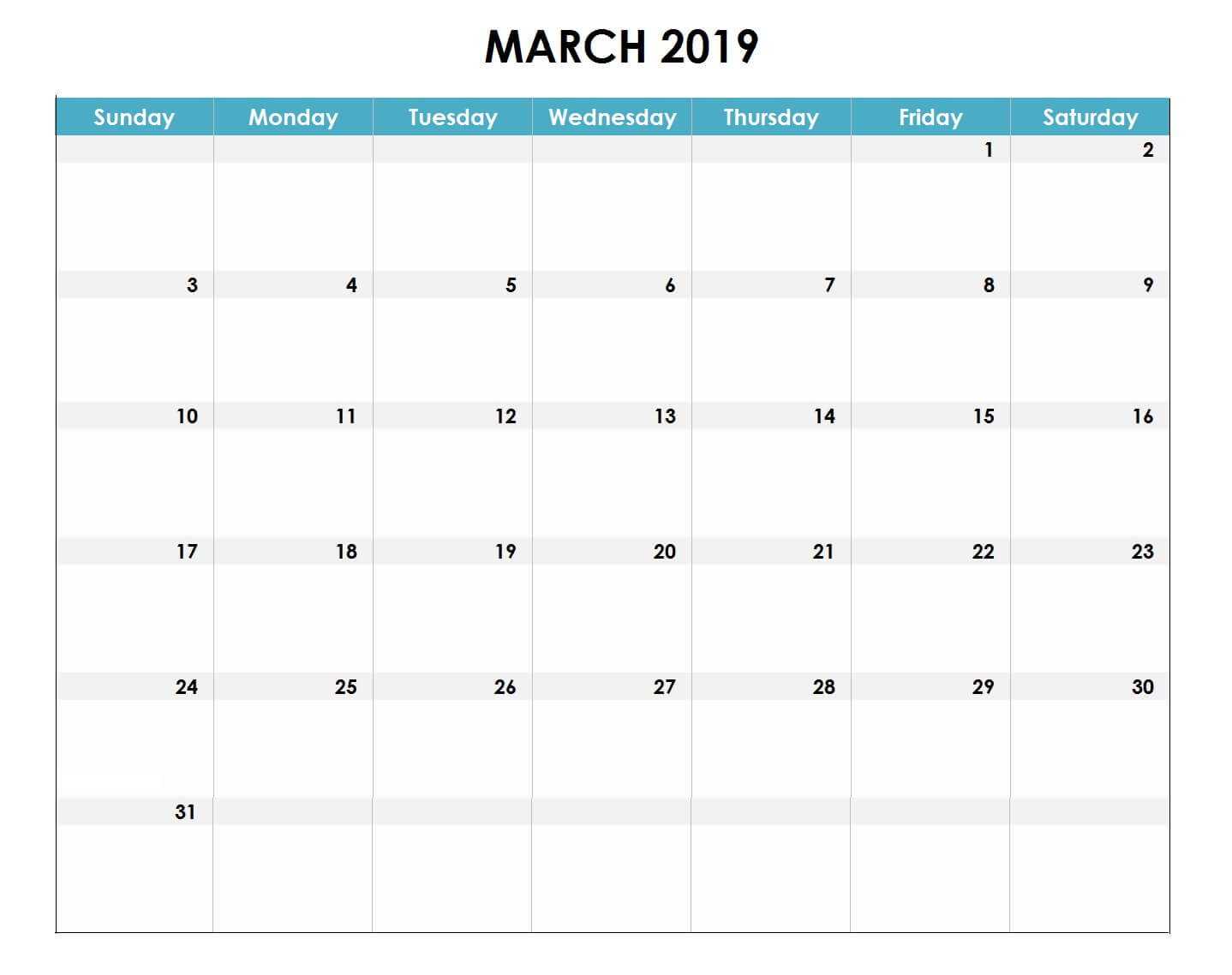 March 2019 Excel Calendar