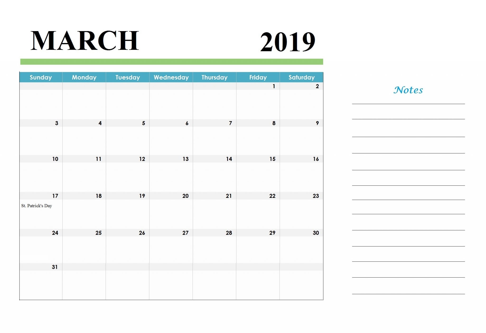 March 2019 Holidays Calendar Template