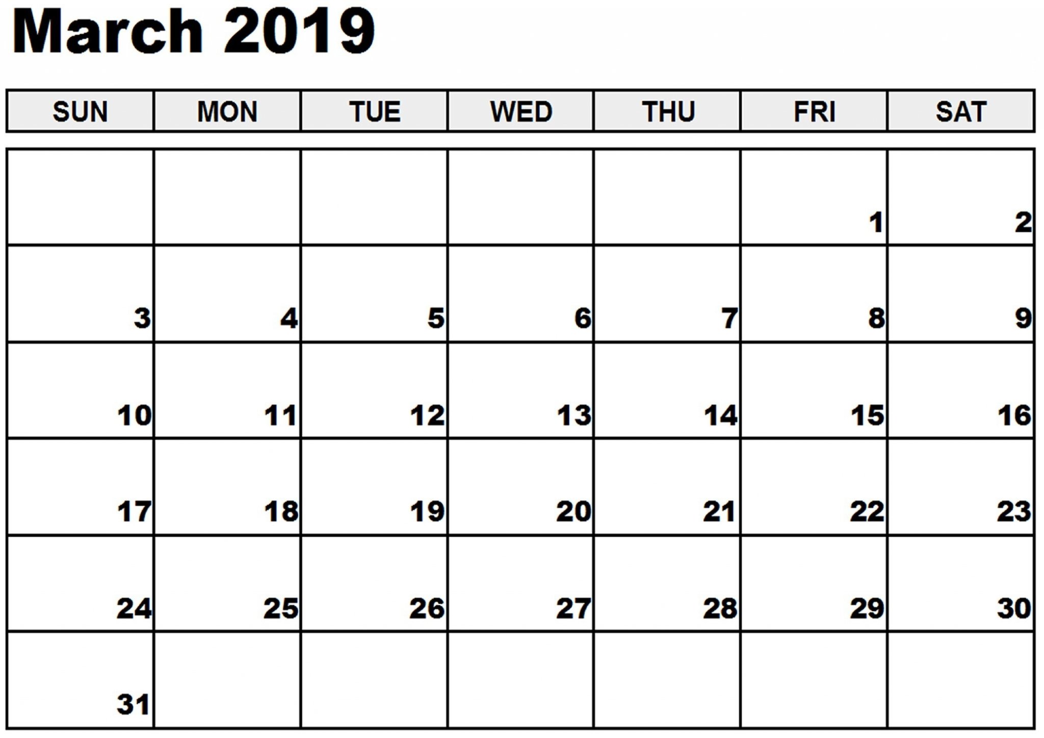 2019 March Printable Calendar