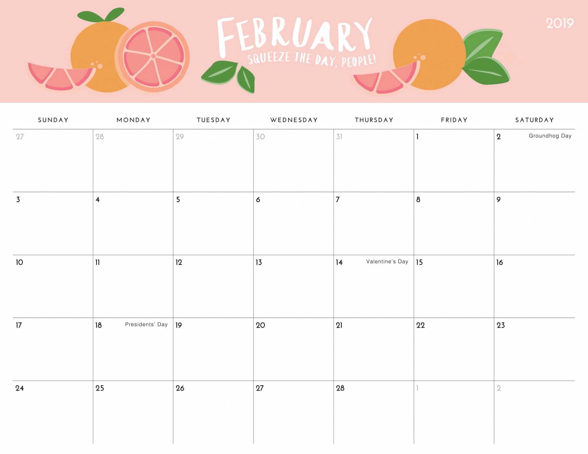 Monthly Calendar February 2019 Cute