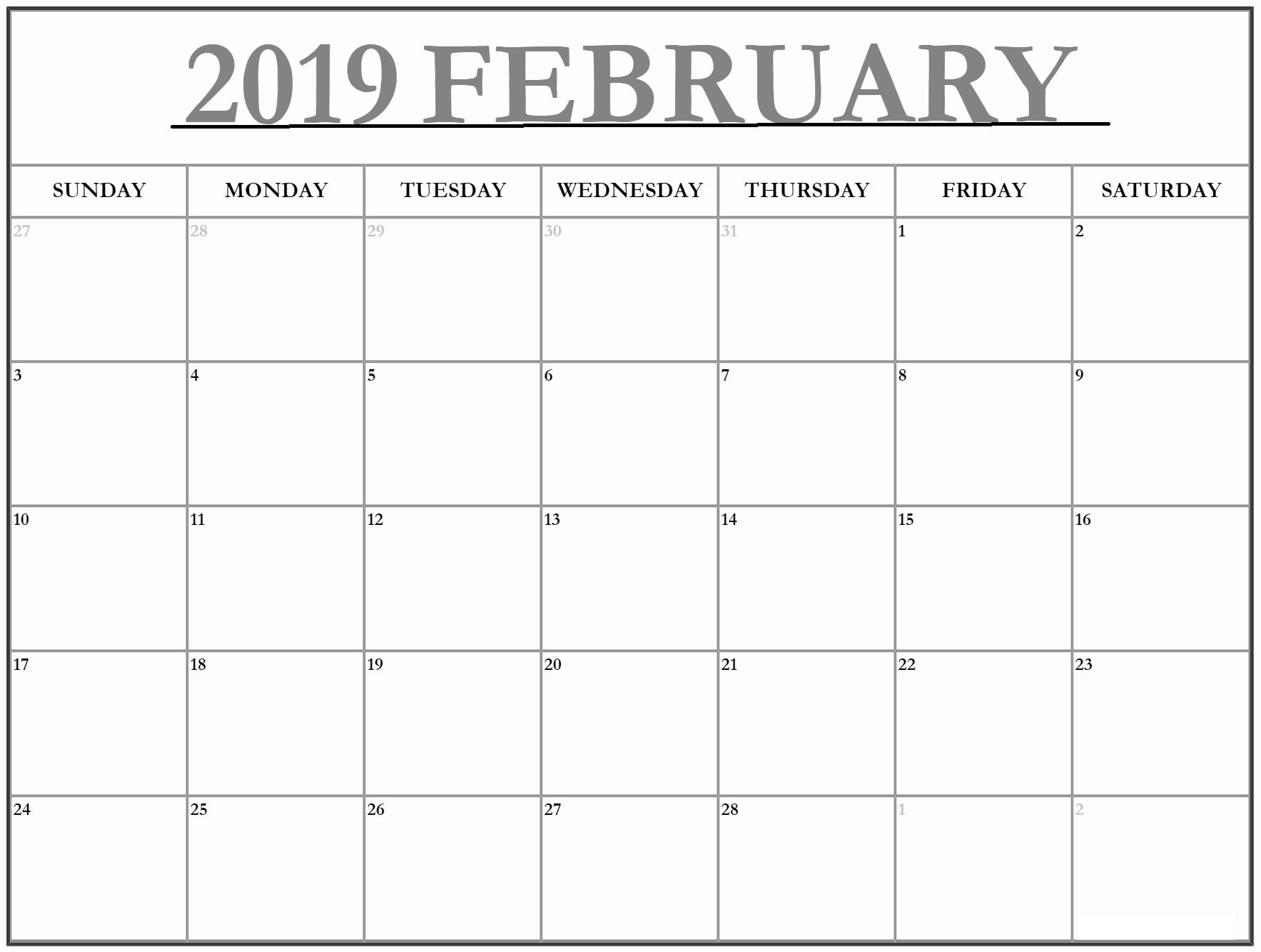 Monthly Calendar Template February 2019
