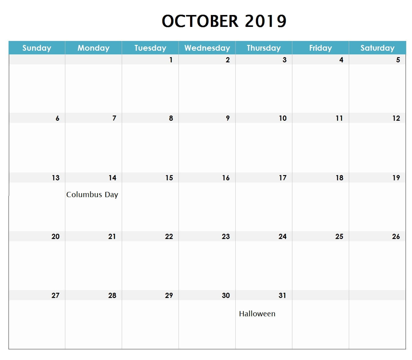 October 2019 Excel Calendar