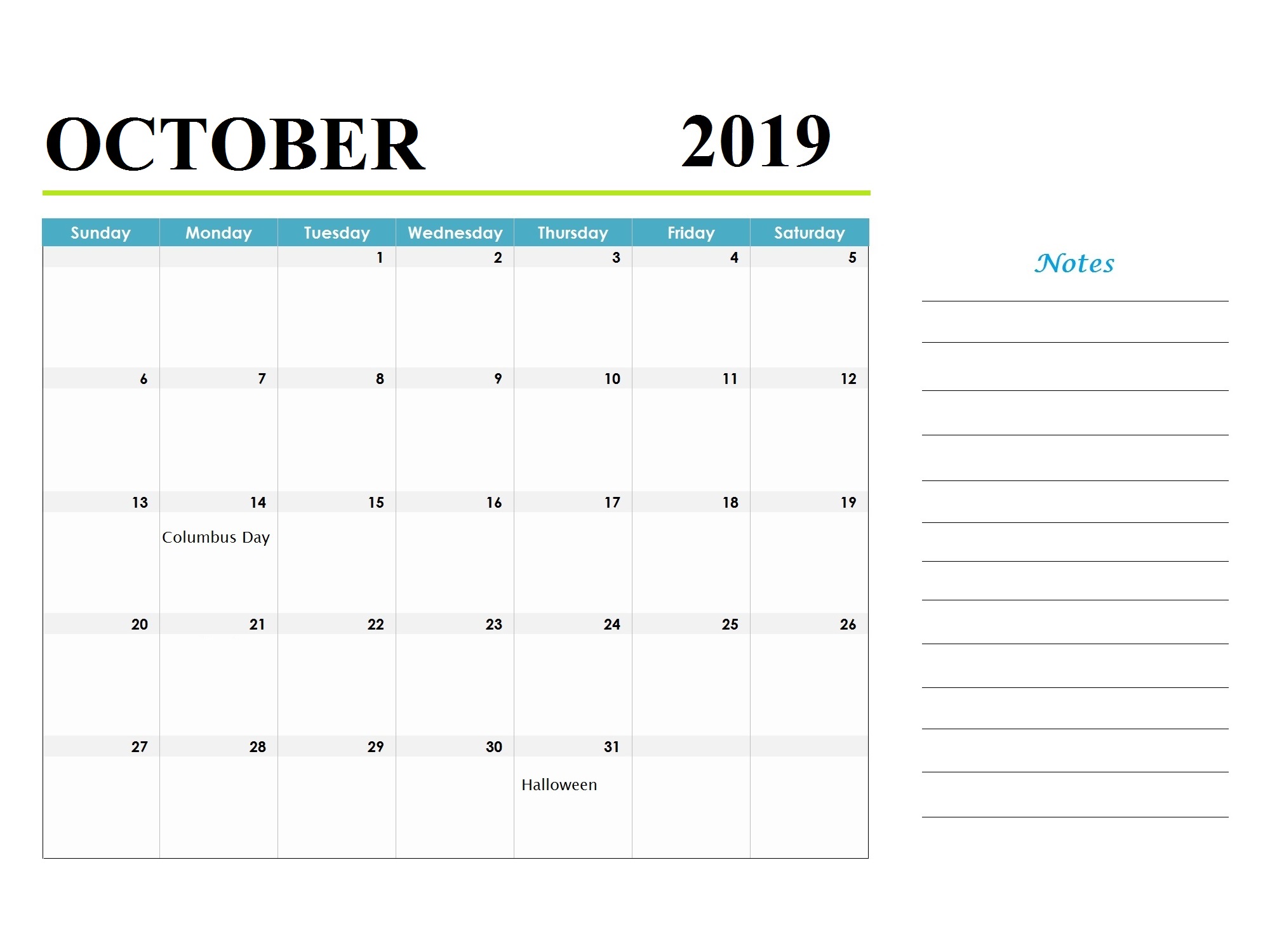 October 2019 Holidays Calendar Template