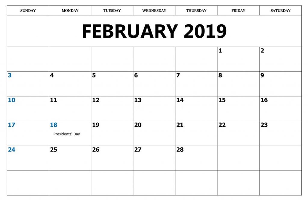 Print February 2019 Calendar Blank