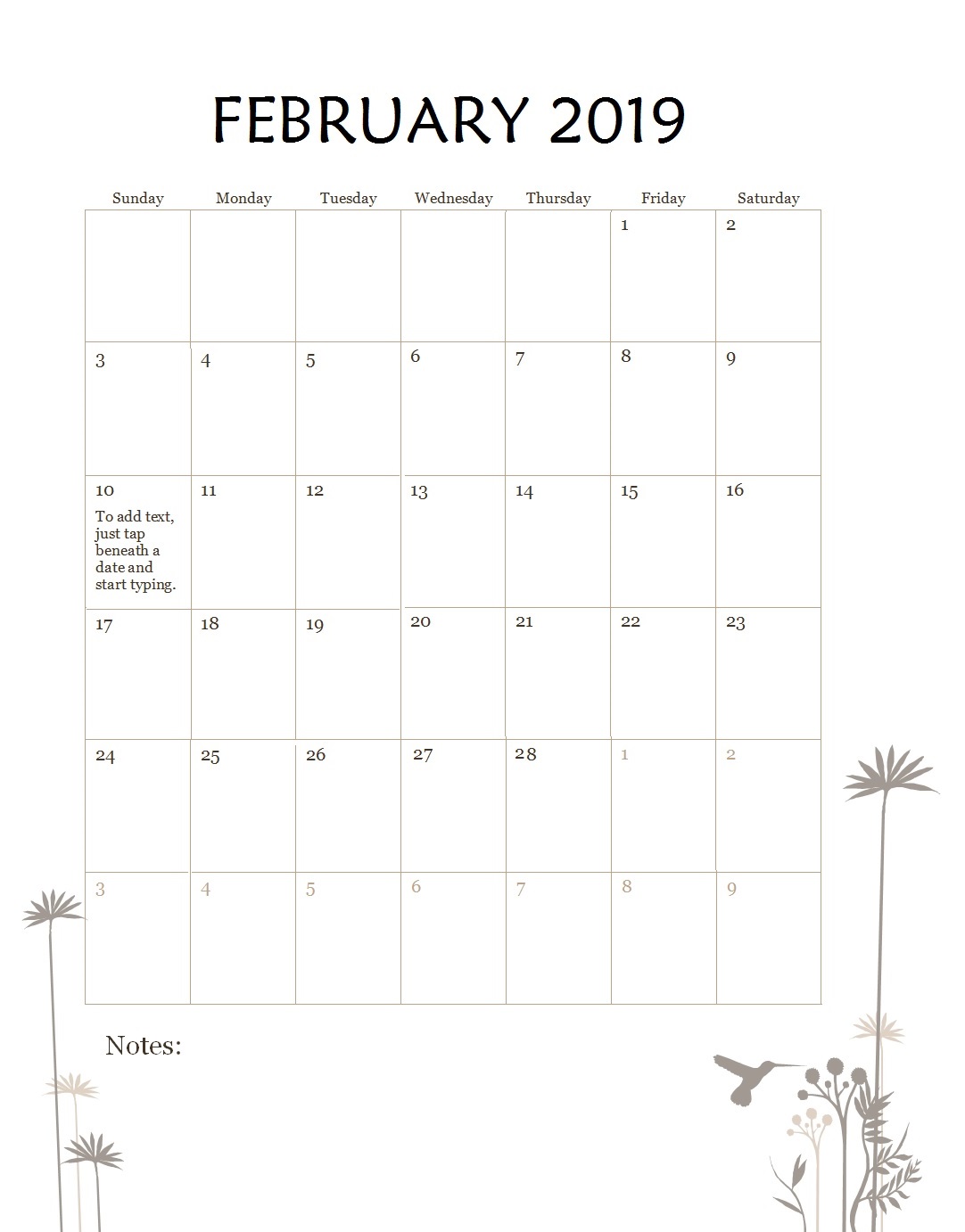 Print February 2019 Calendar Template