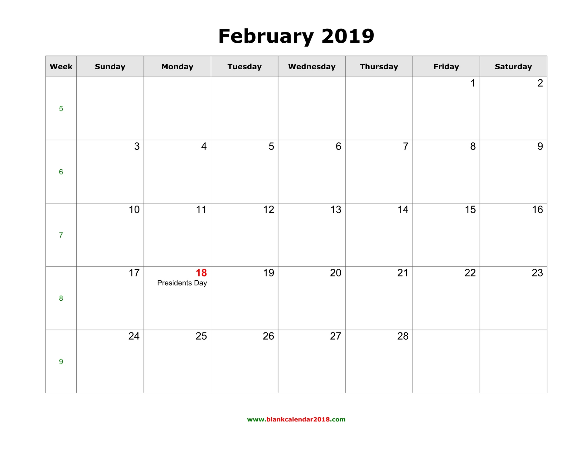 Print February 2019 Calendar With Holidays