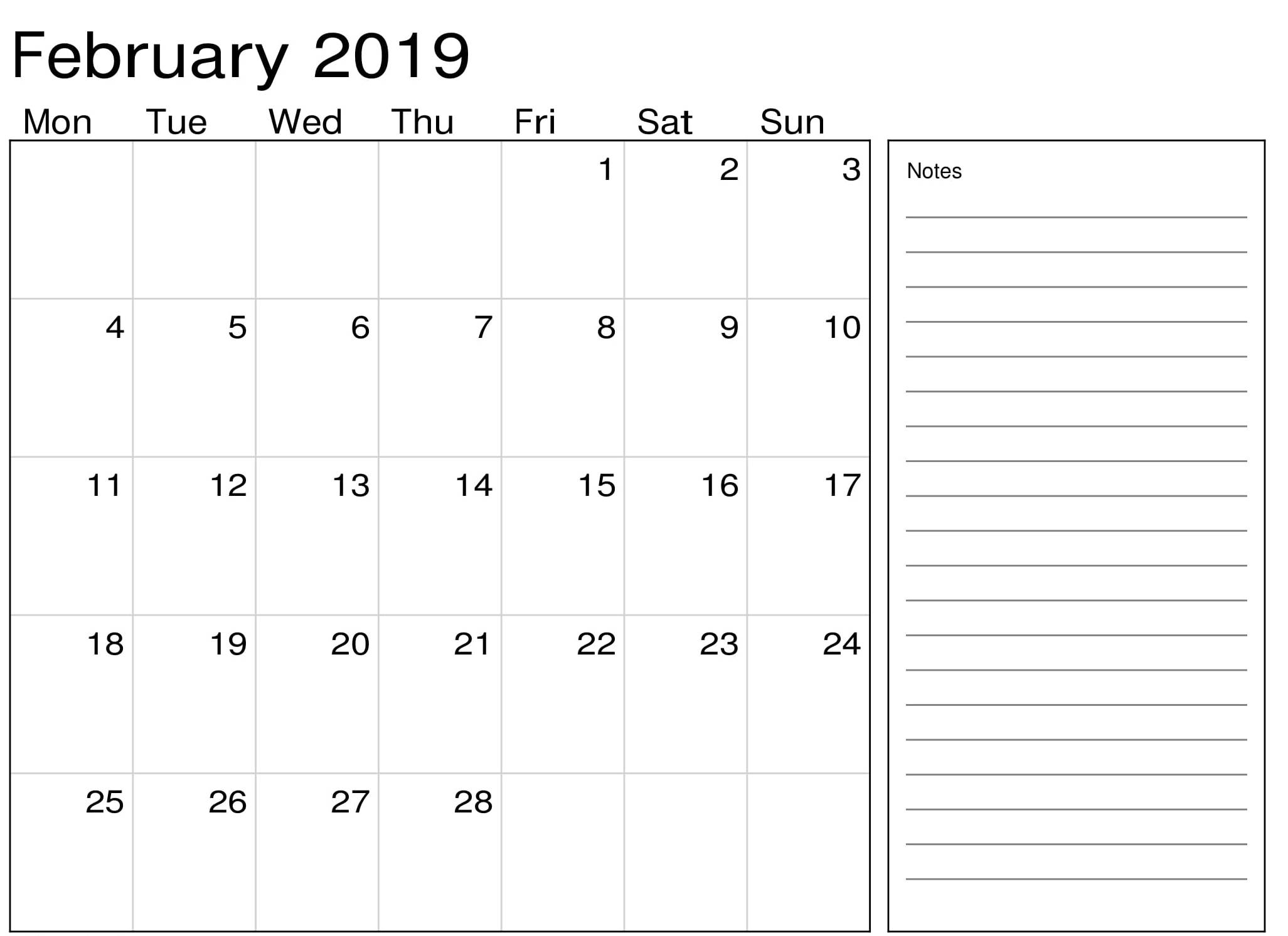 Print February 2019 Calendar With Notes