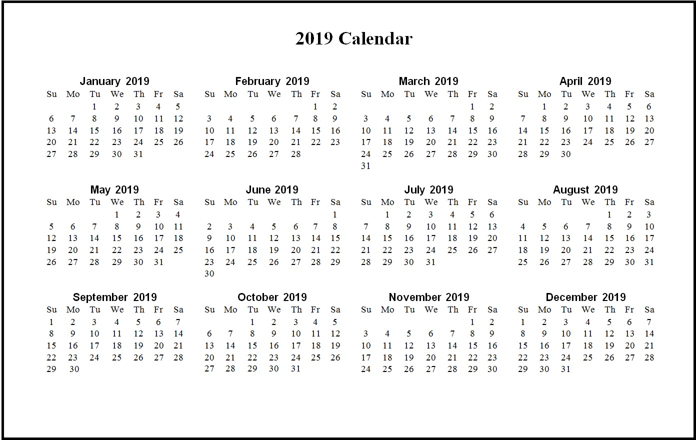 Printable 2019 Word Calendar