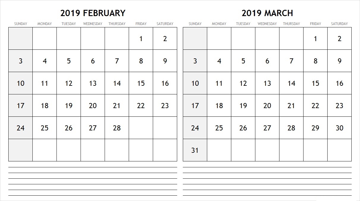 Printable Calendar February March 2019