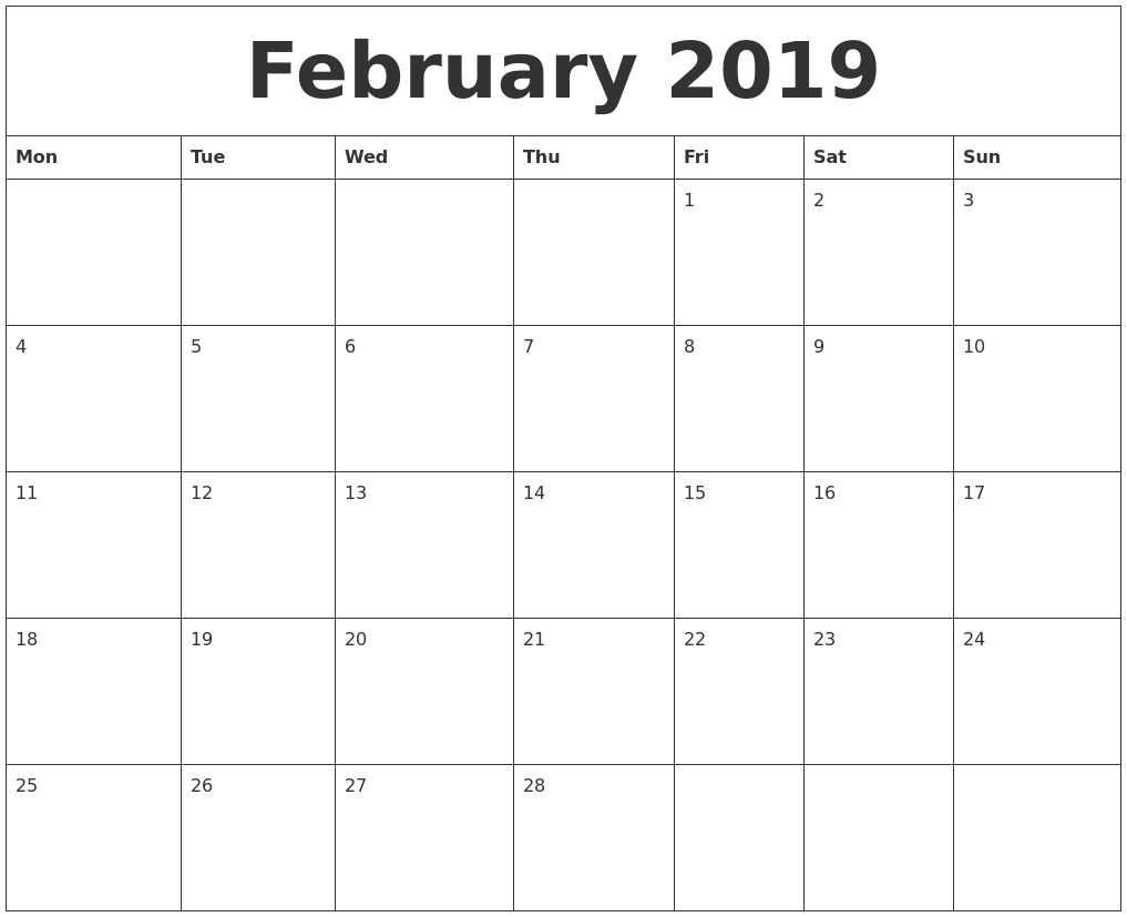 Printable February 2019 Calendar PDF