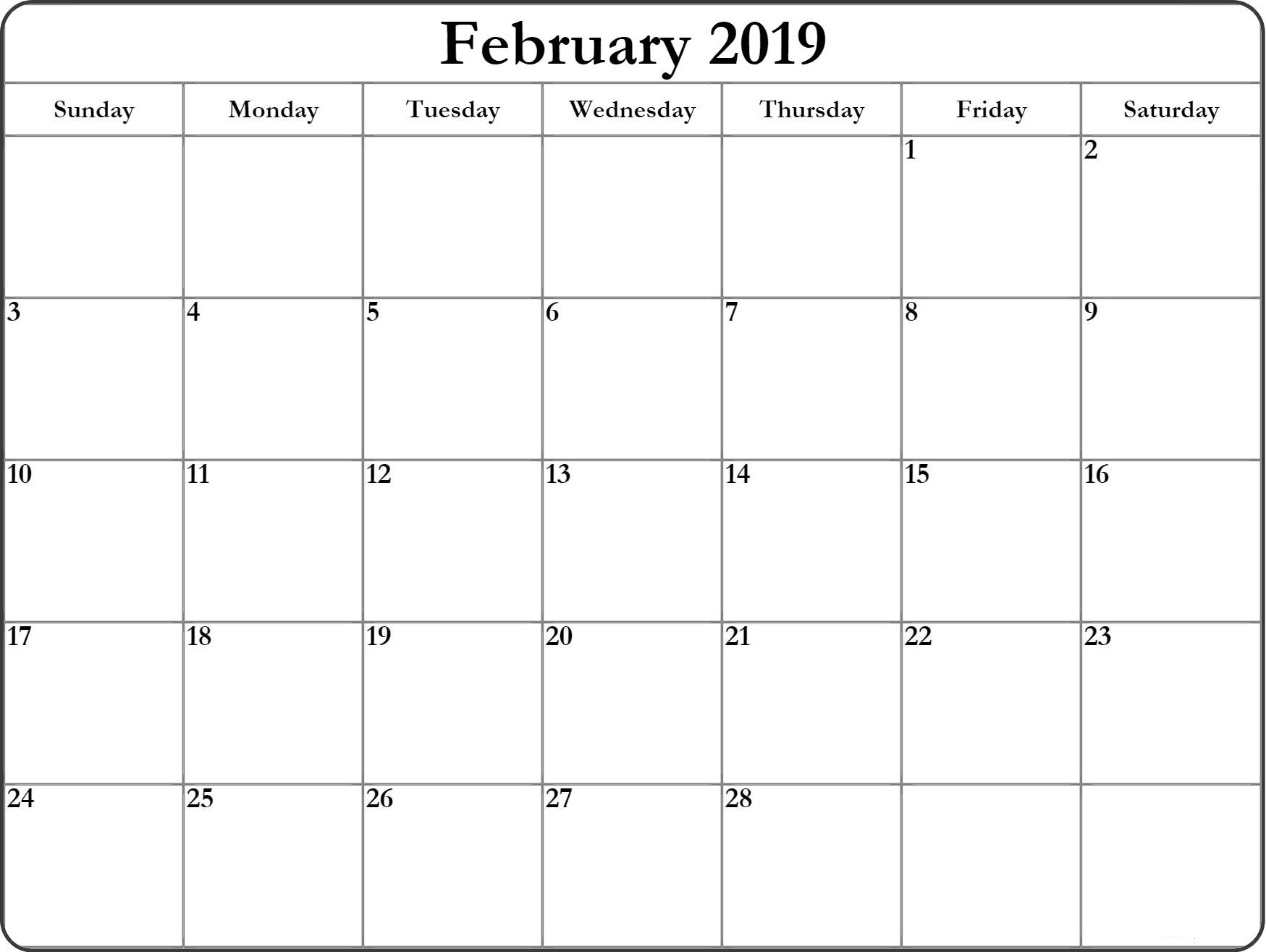 Printable February 2019 Calendar Page