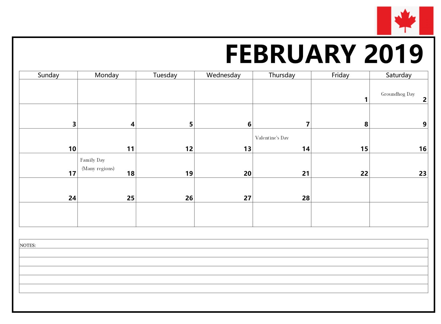 February 2019 Calendar Canada With Holidays