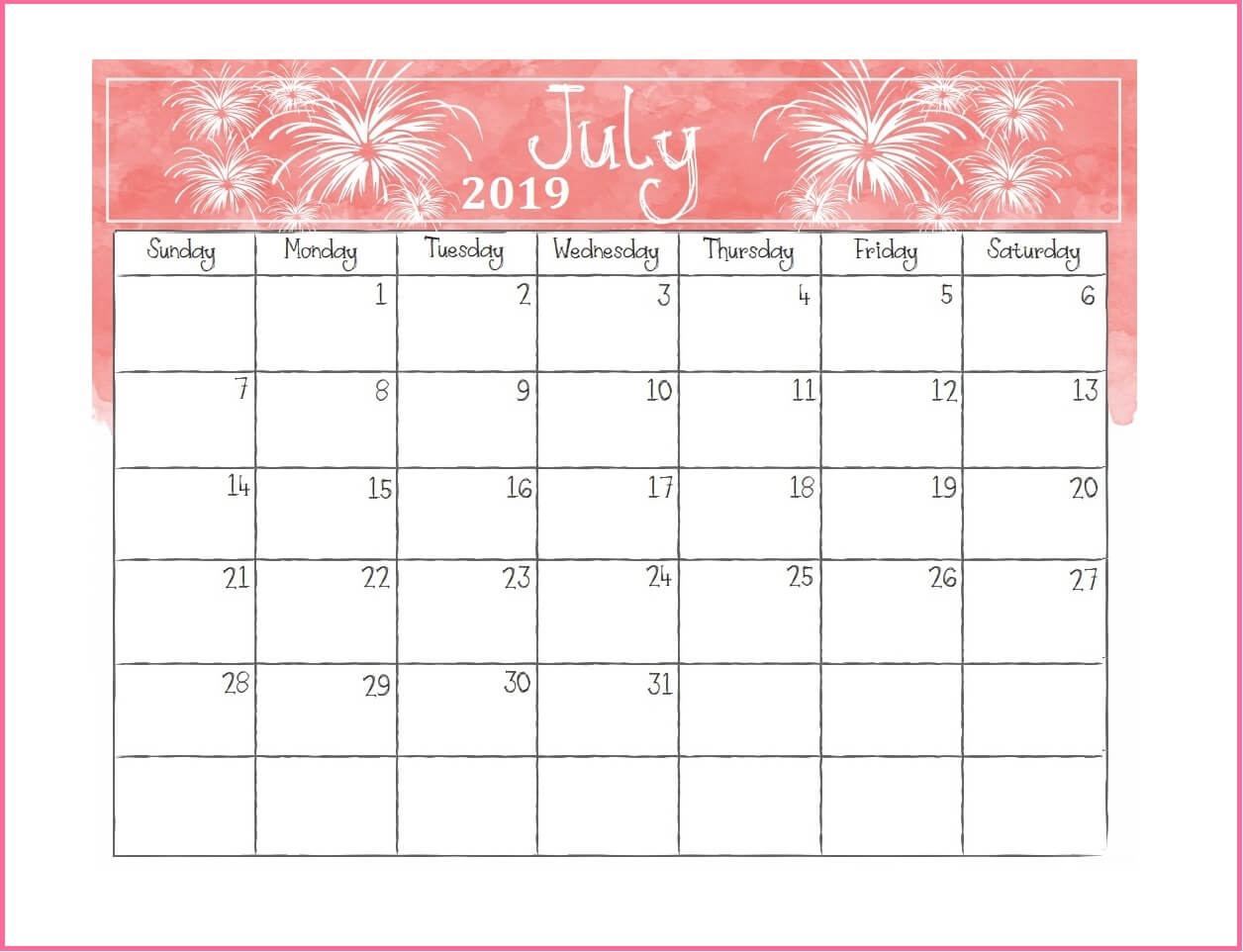 Printable July 2019 Desk Calendar
