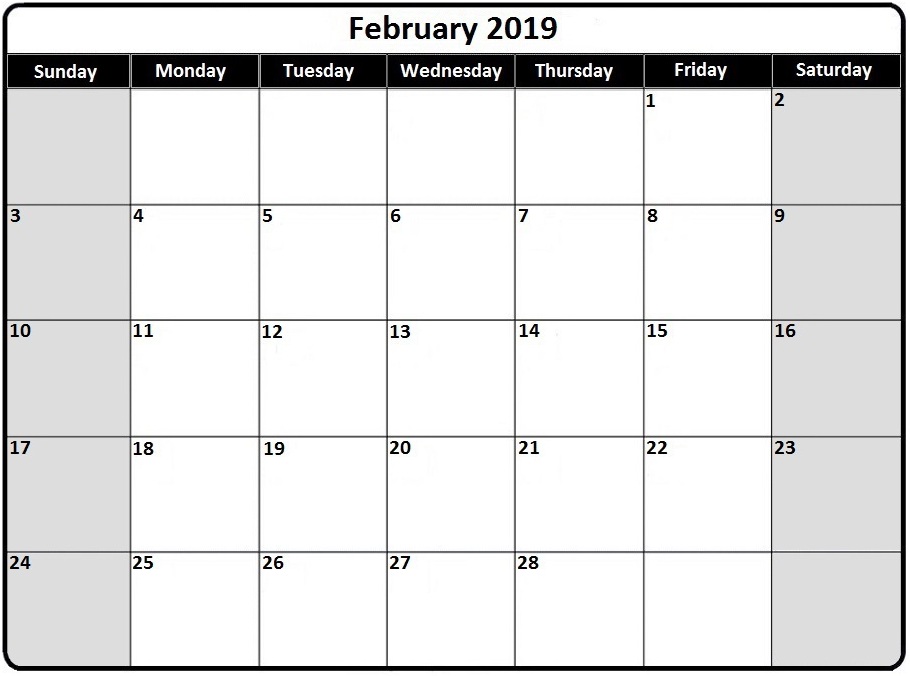 Printable Monthly Calendar February 2019