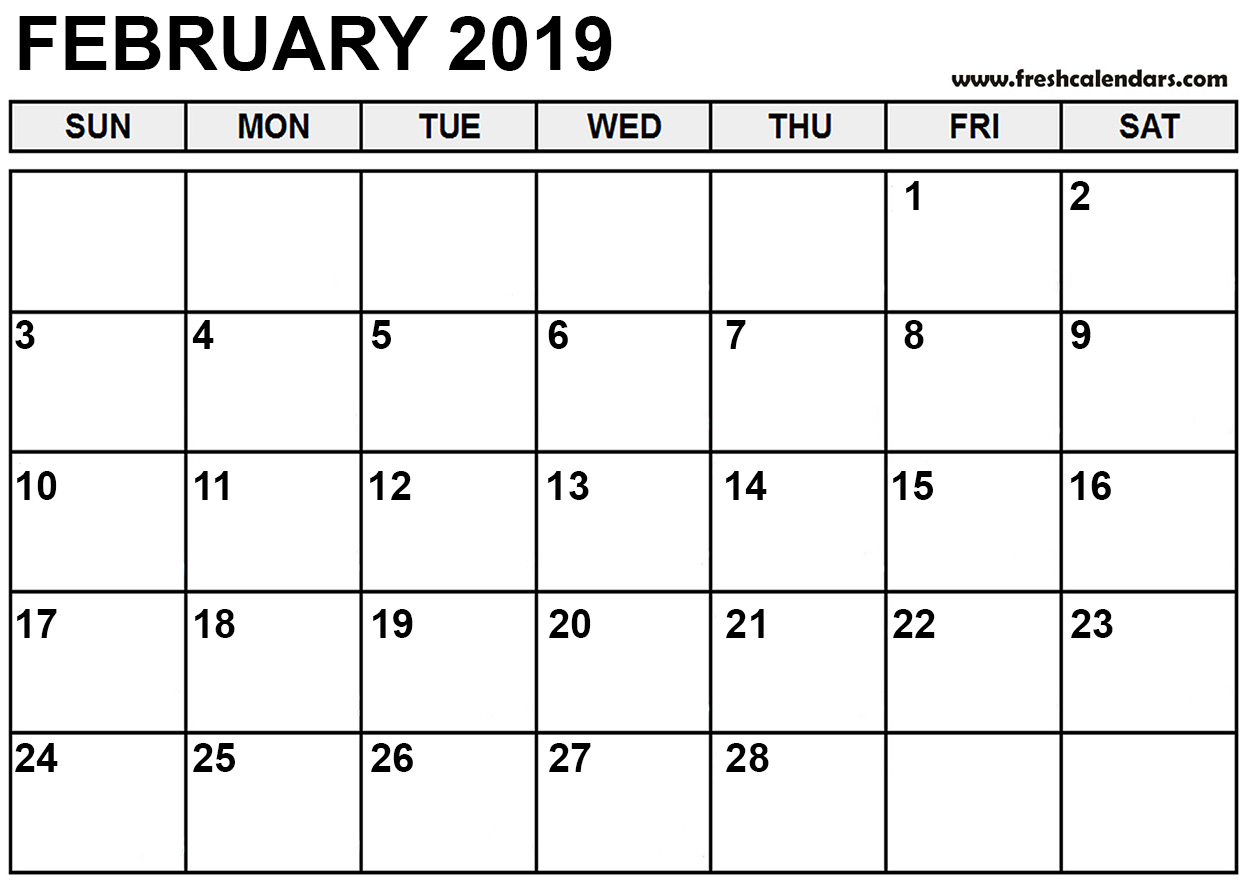 Printable Monthly Calendar February 2019