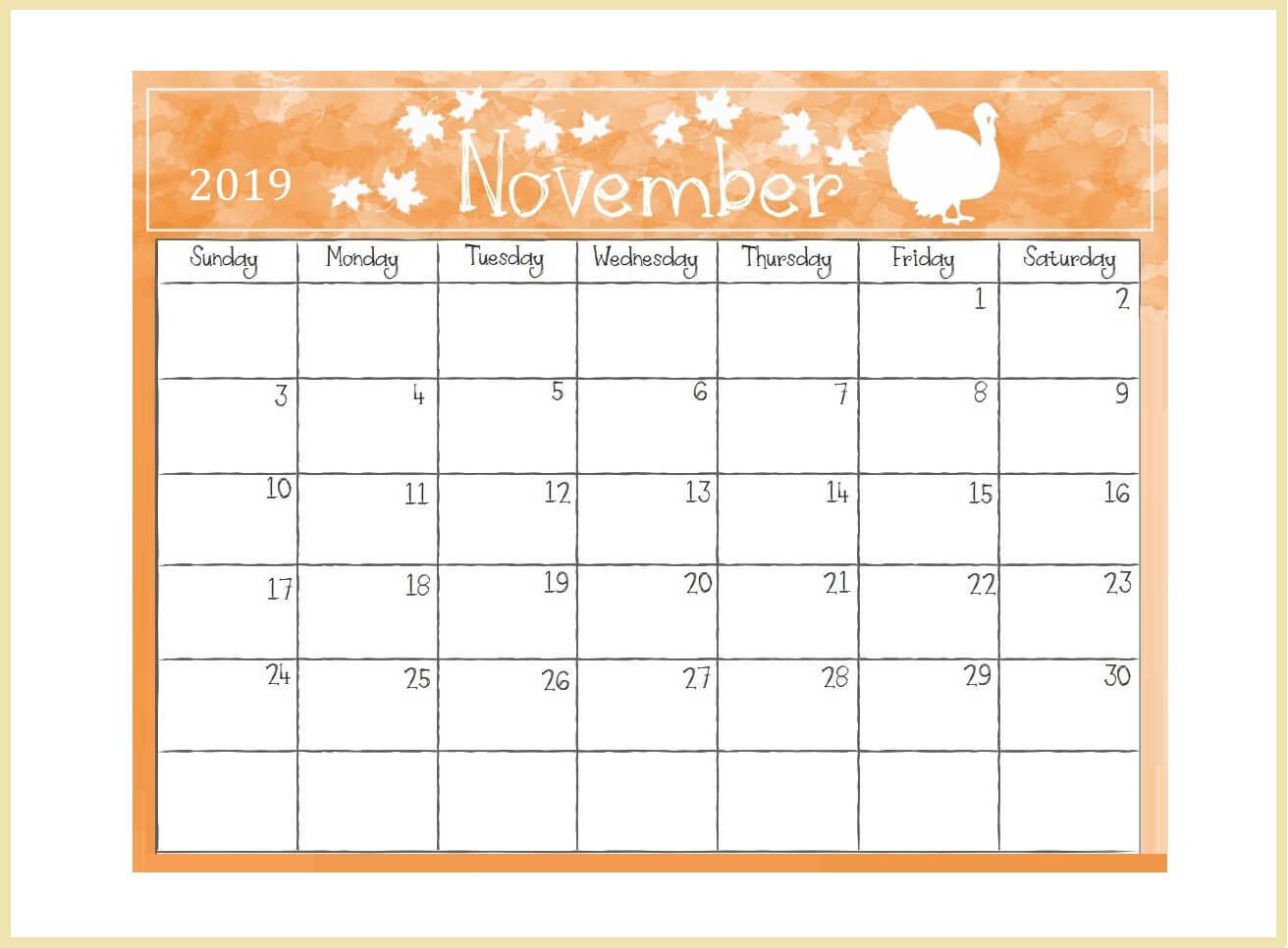 Printable November 2019 Desk Calendar