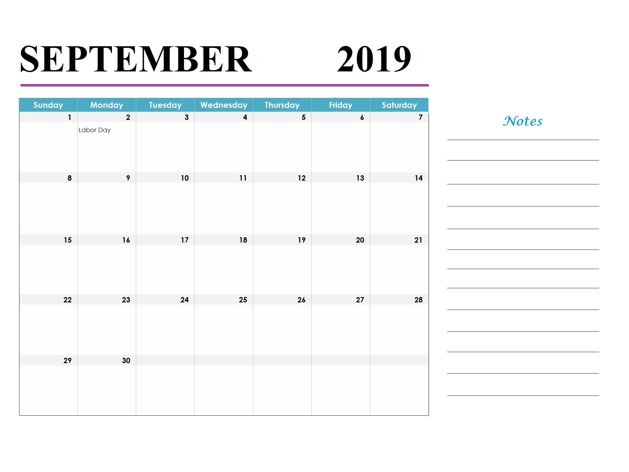 September 2019 Holidays Calendar Template