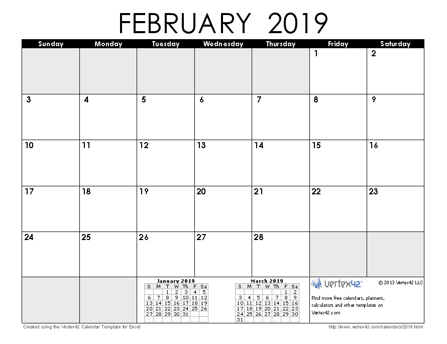 Show Calendar For February 2019