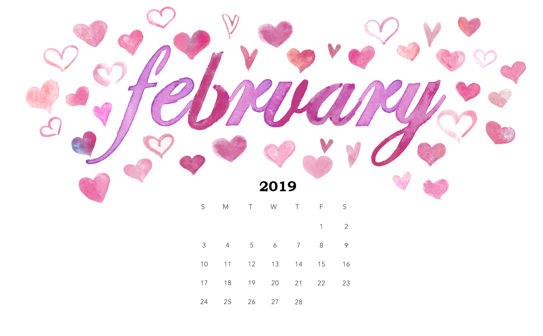 Watercolor February 2019 Cute Desktop Calendar