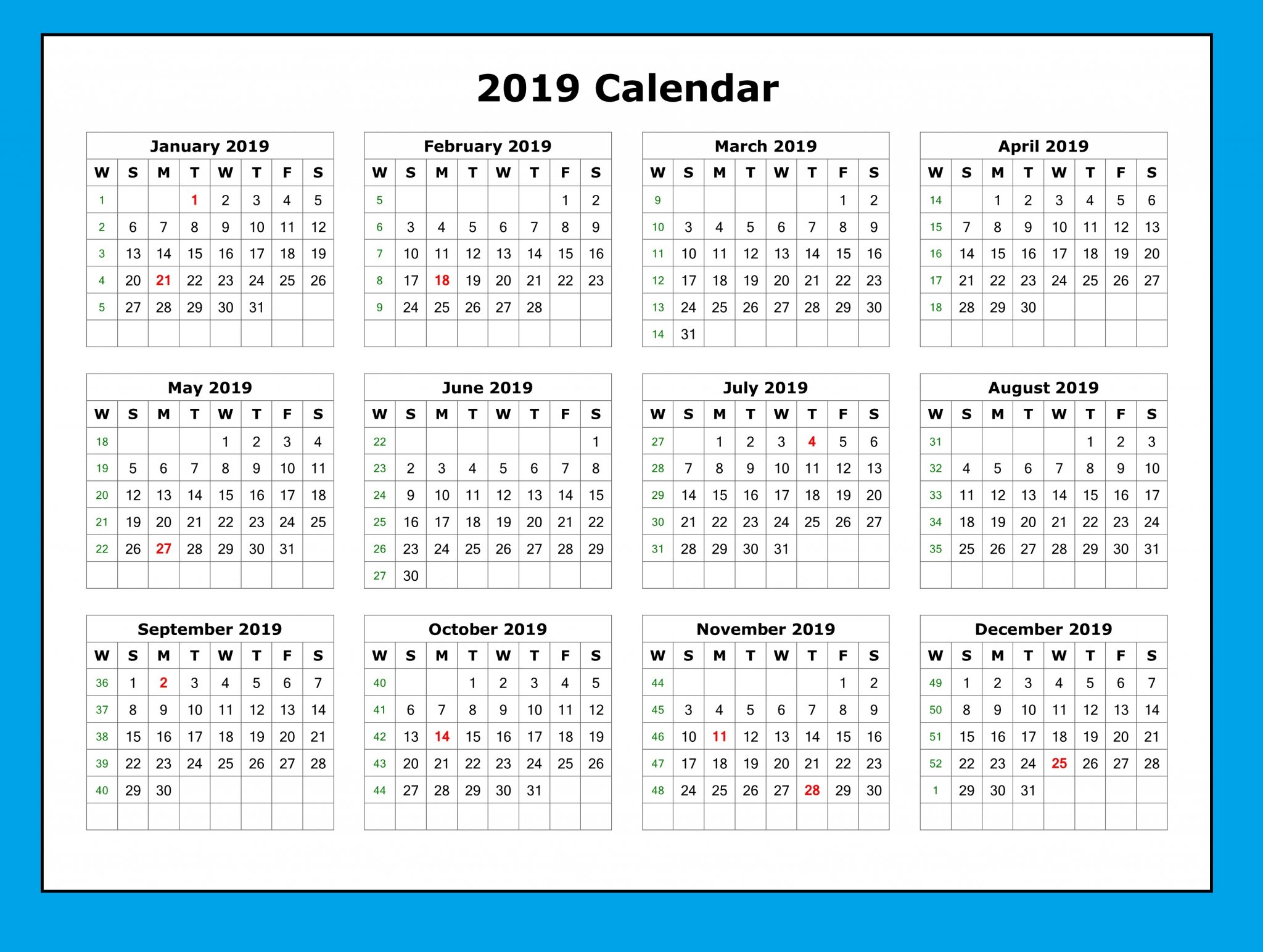 Yearly 2019 Calendar Word