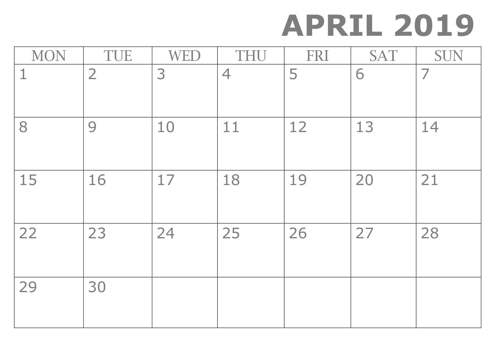April 2019 Calendar Blank